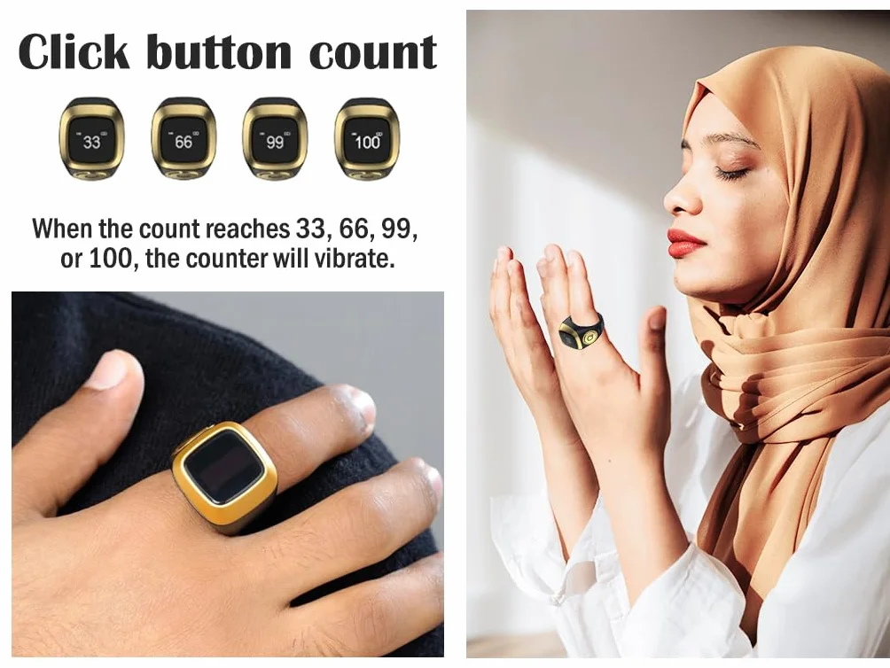 Anneau Numérique Musulman, Muslim Tasbeeh Compteur Intelligent, Compteur de Bagues Islamiques, Compteur Anneau Intelligent, Tasbih Compteur Smart Ring, Écran D'affichage OLED (Noir,18mm)