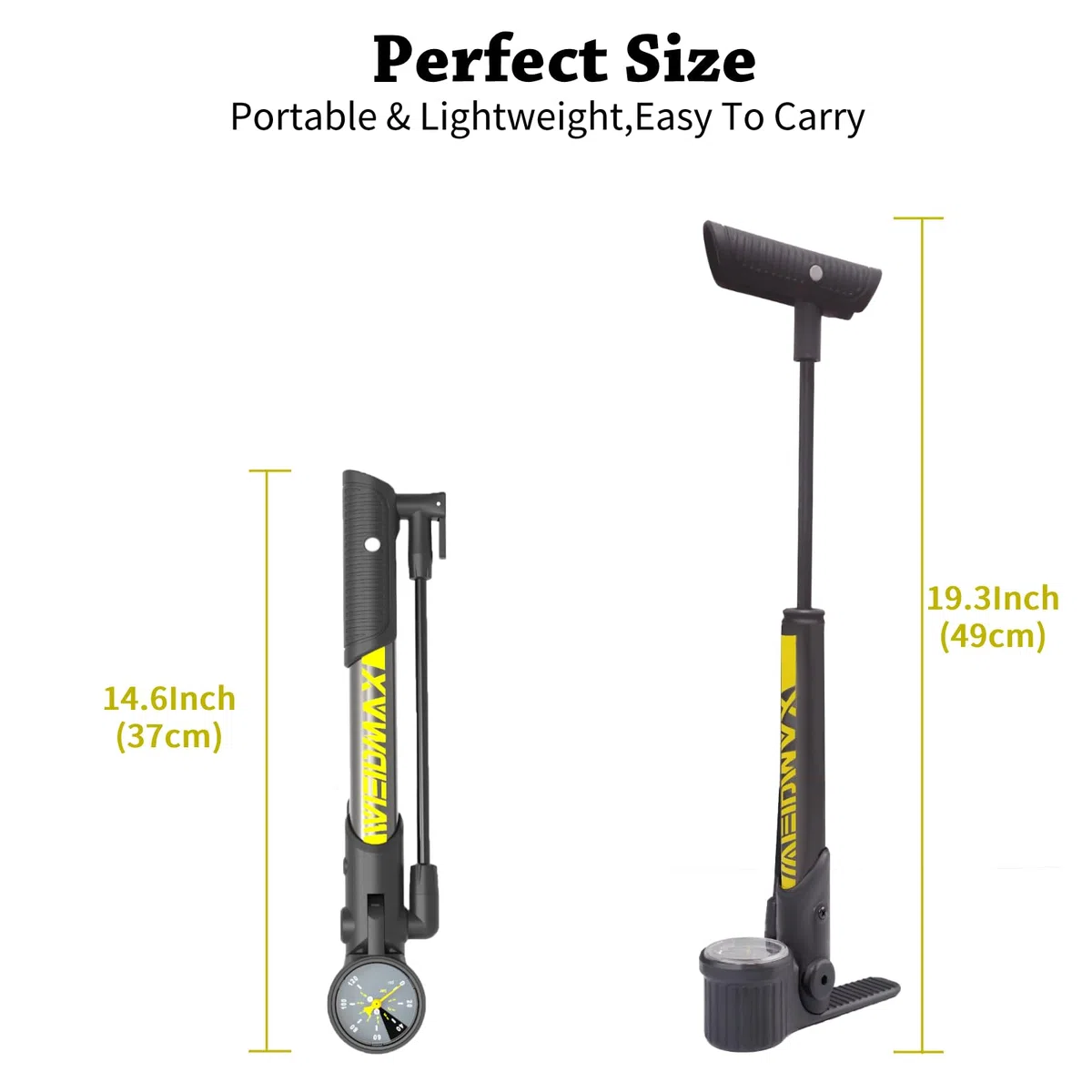 WEIDMAX Pompe à vélo pliable pour tous les vélos, pompe à vélo avec manomètre, pompe à pneu portable montée sur cadre, mini pompe à vélo avec valves Presta et Schrader, pompe de piste multifonction