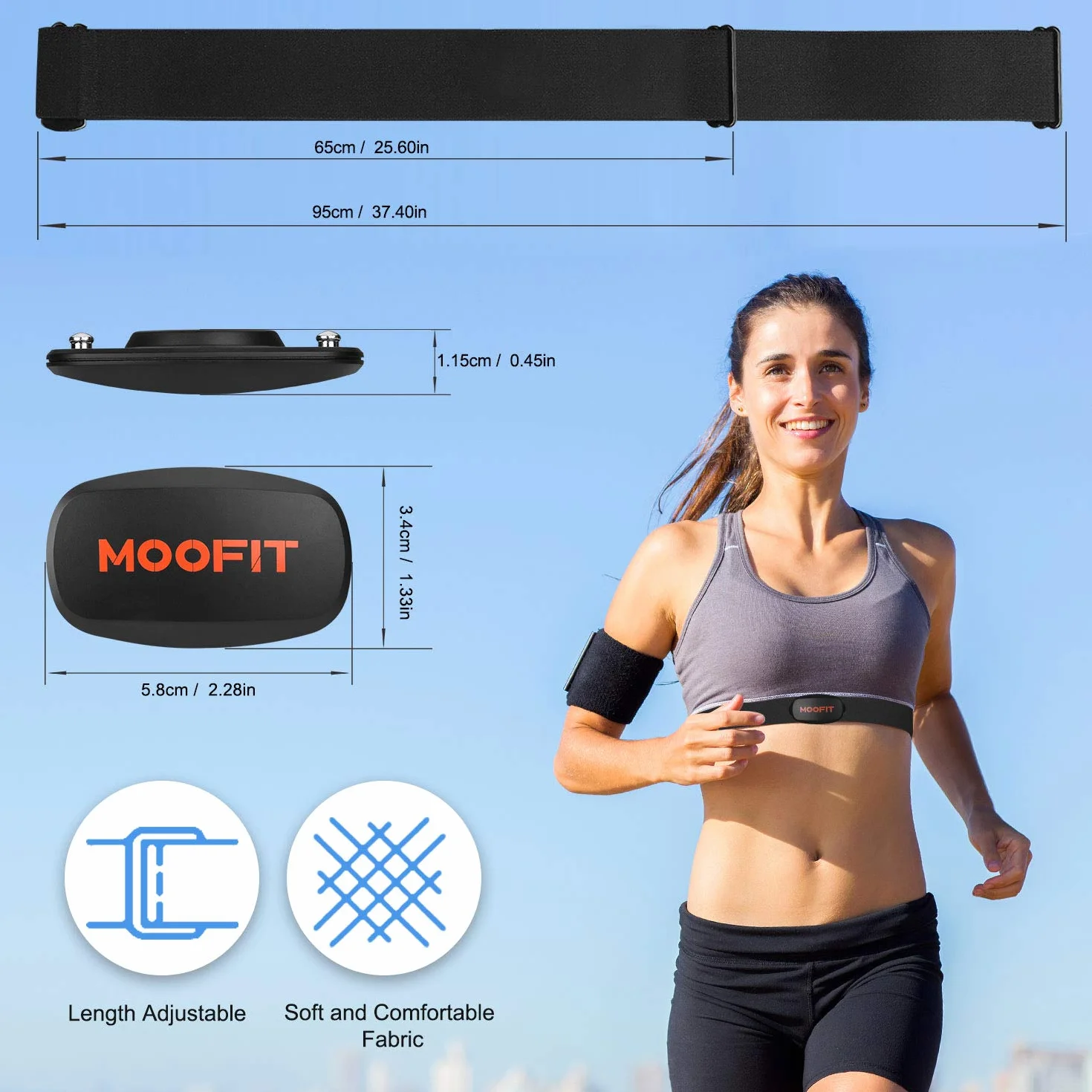 moofit HR6 Moniteur de Fréquence Cardiaque, HRM Fitness Tracker avec Ceinture Pectorale, étanche IP67, Protocole Bluetooth/Ant+, Compatible avec Les Applications iOS/Android.