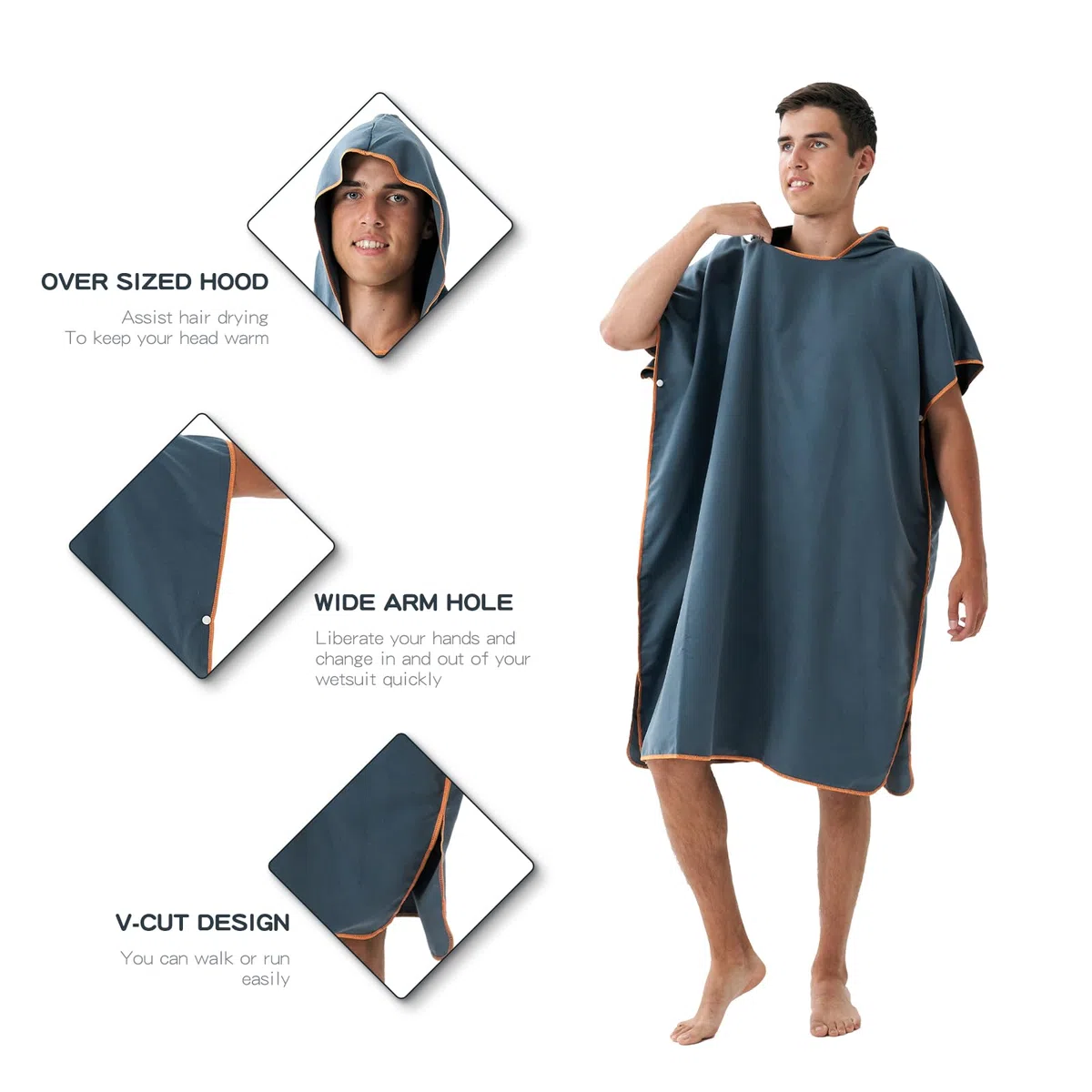 Adulte Microfibre Serviette de Plage Piscine Poncho Surf avec Capuchepour Hommes Femmes Été Surfant Camping Voyage, Bleu Marine