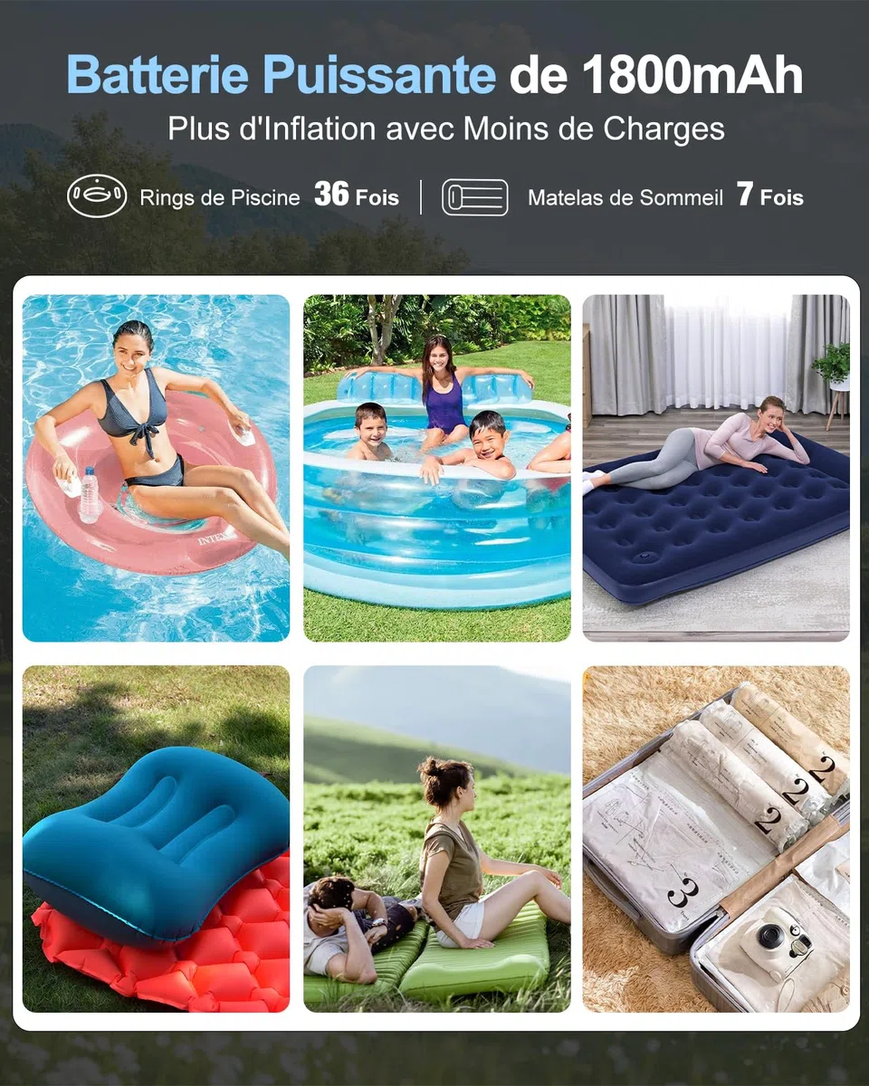 Pompe à Air Gonfleur Électrique avec Batterie pour Matelas Lits Gonflable, Sacs de Rangement sous Vide, 5 Buses & Lampe de Camping, Gonflage et Dégonflage Rapides, Portatif pour Bouée Piscine