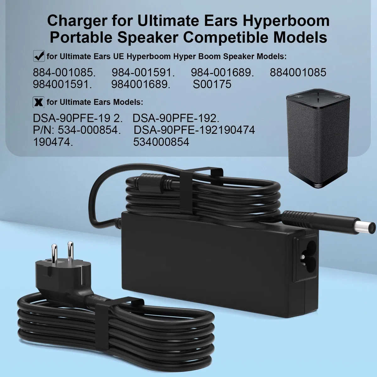 Chargeur 19V Compatible avec Ultimate Ears UE Hyperboom Hyper Boom Bluetooth Speaker S00175 884-001085 984-001591 984-001689 Adaptateur Alimentation électrique