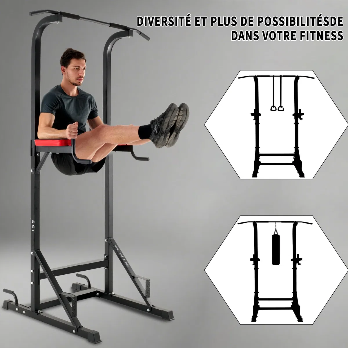 ISE 5 in1 Chaise Romaine Power Tower Workout Dip Station de Traction Station Musculation pour Entraînement Domicile, Pull Up Fitness Multifonction Chaise Romaine Musculation&Barre de Traction sur Pied