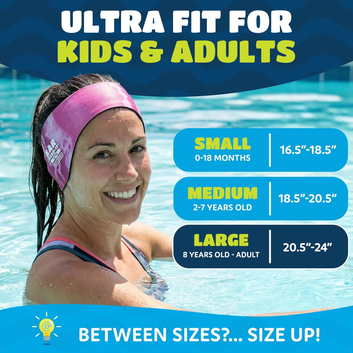 Ear Band-It Ultra Bandeau de natation (empêche l'eau d'entrer, tenir les bouchons d'oreille) Recommandé par les médecins Taille L (8 ans adultes) Tie Die Bleu