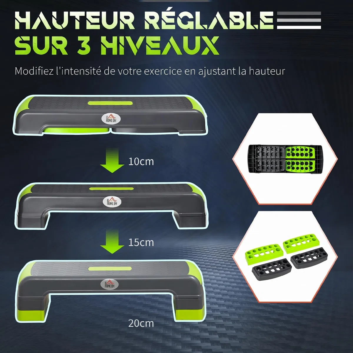 HOMCOM Stepper aérobic fitness hauteur réglable 3 niveaux 10/15/20 cm surface antidérapante plastique 78 x 28 x 20 cm