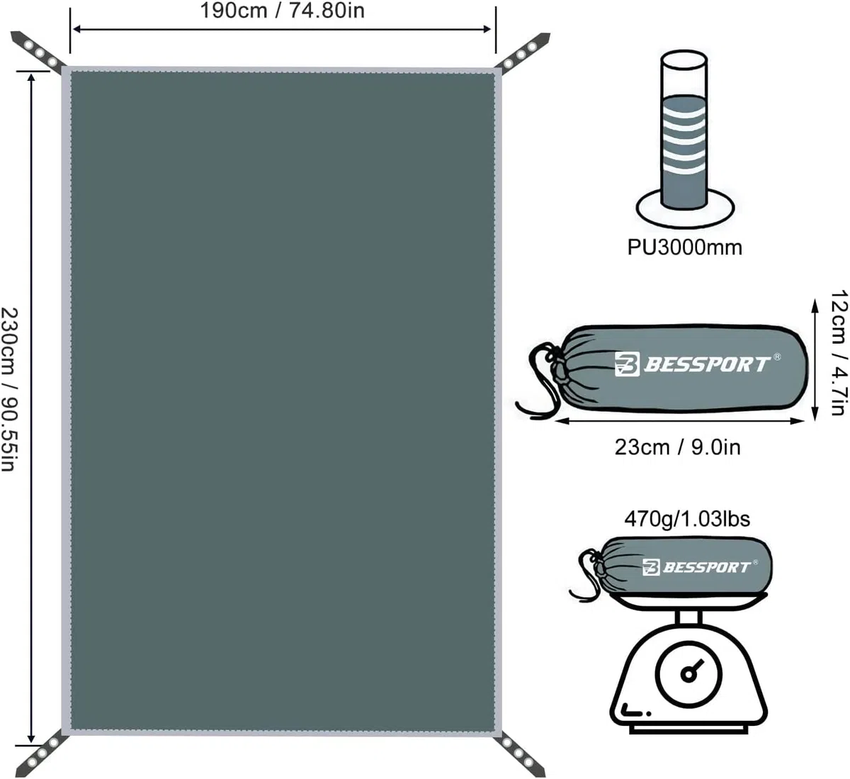 Bessport Bâche de Tente 230 x 190 cm-Gris-Ripstop 210D Tissu Oxford Imperméable Camping bâche Tarp Idéal pour Faire du Camping, de la randonnée ou pour Voyager à l'extérieur