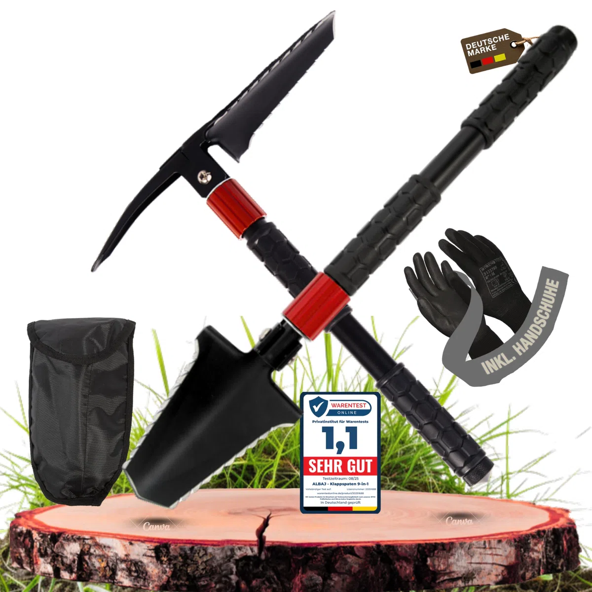 Pelle pliante 9 en 1 – Pelle de survie pliable avec scie à racines, acier à feu et sac – Outil compact d'extérieur – Cadeau pour homme, idéal pour le camping, le bushcraft et les urgences