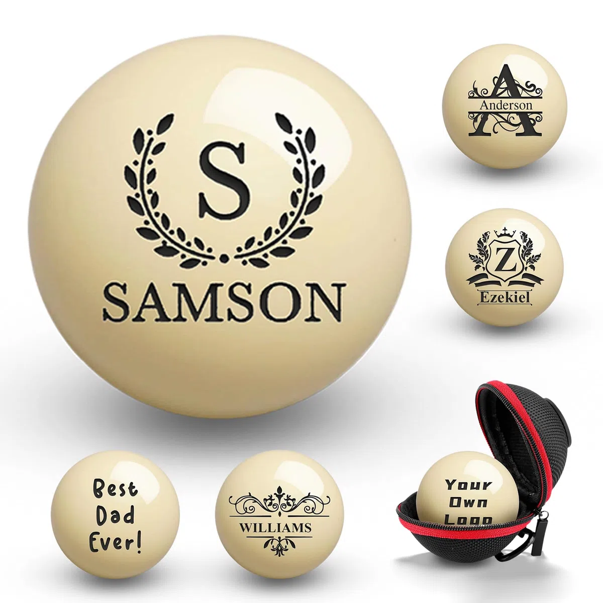 Boule de Billard personnalisée avec étui, Gravure de Texte ou Logo, Monogramme personnalisé, Cadeau d'anniversaire pour Papa, Mari, Amateur de Billard, Boule de 57 mm,
