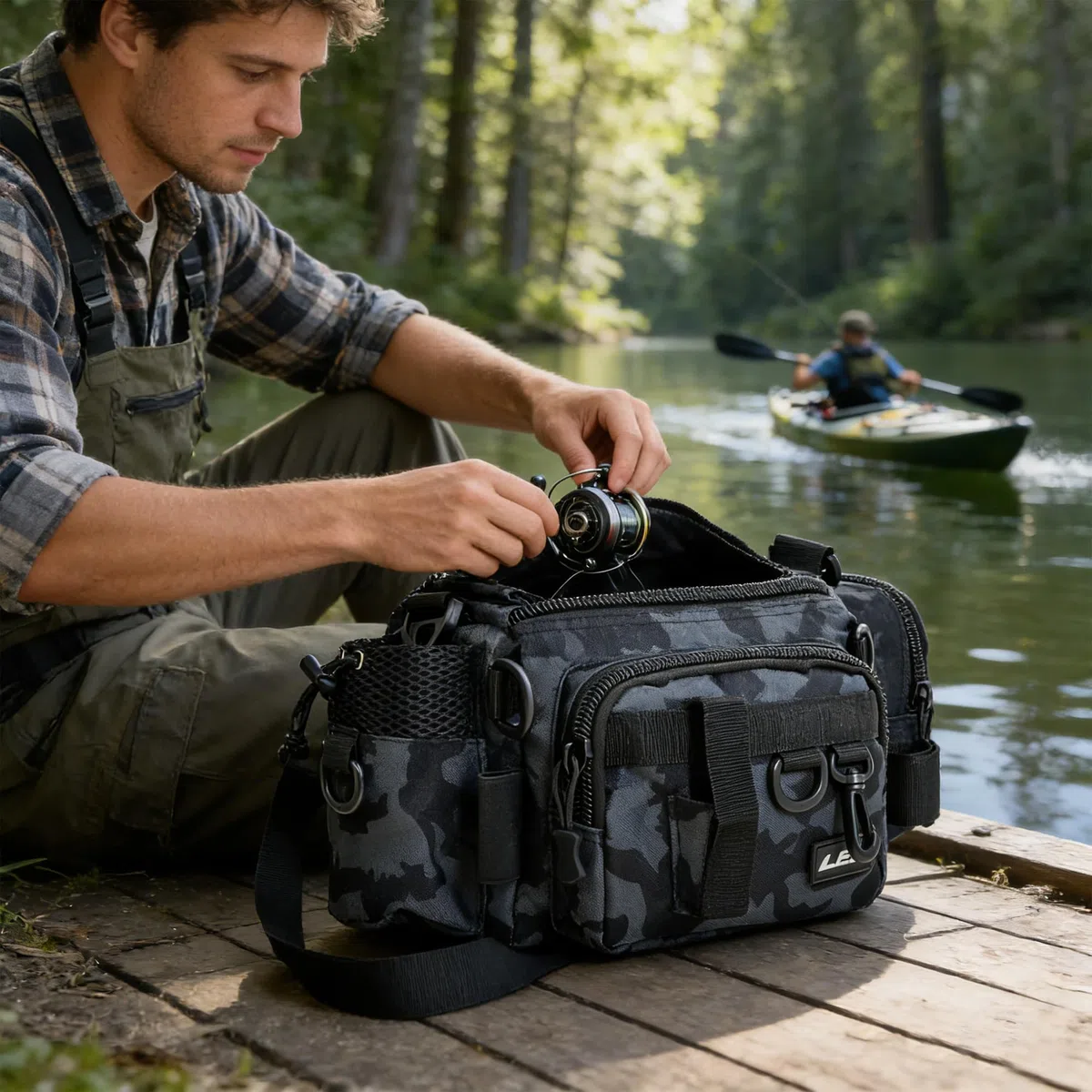 YUEMING Stockage de matériel de pêche, Sac de pêche à la carpe à épaule unique Grande capacité pour boîte à matériel et Rangement de Pinces pour leurres de pêche pour pêche en mer(Camouflage-1)
