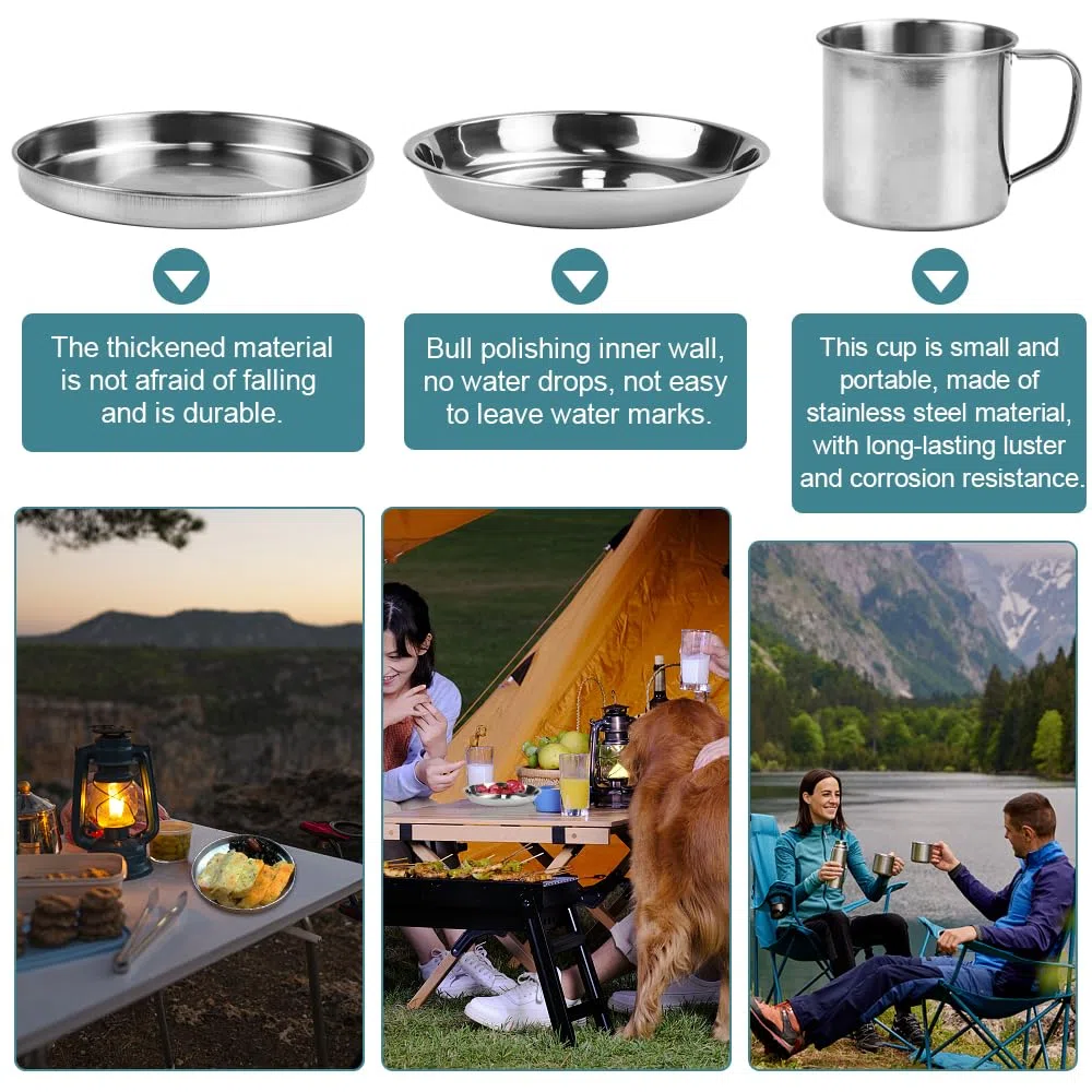 Kleemeiero 8PCS Kit de Casseroles Camping Cuisine de Camping en Acier Inoxydable 410 Vaisselle de Camping Batterie Cuisine Camping Inoxydable Cookware Kit pour Ourdoor Pique-Nique Camping Randonnée