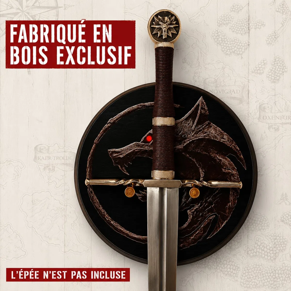 Witcher Présentoir mural rond en bois pour épée d'argent et épée en acier de Geralt von Riva, support mural décoratif pour collectionneurs, cosplay et fans des jeux et séries Witcher