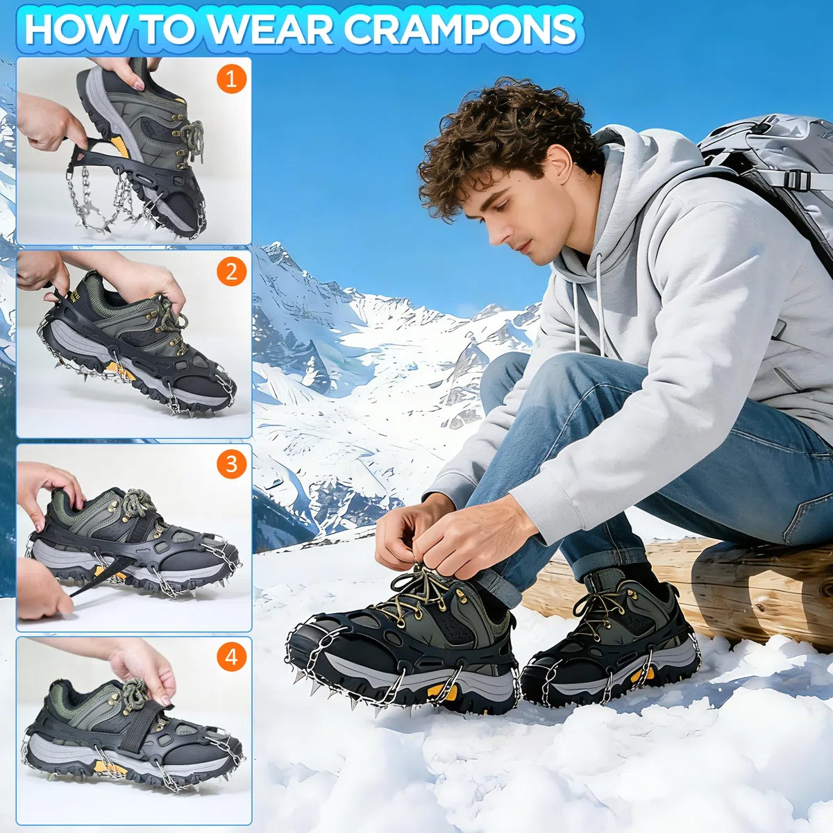 Crampons pour Bottes de randonnée, 24/32 Crampons antidérapants en Acier Inoxydable pour Chaussures et Bottes, Crampons de Traction durables pour la Marche, Le Jogging, l'escalade et la randonnée
