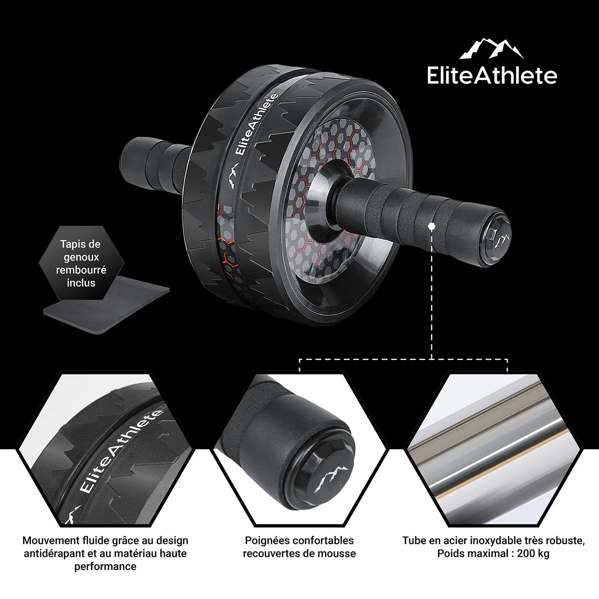 EliteAthlete Roue Abdominale - Roulette Abdominaux - AB Wheel - Rouleau Abdo - Abdos musculation appareil de sport fitness - AB Roller incl. tapis rembourré