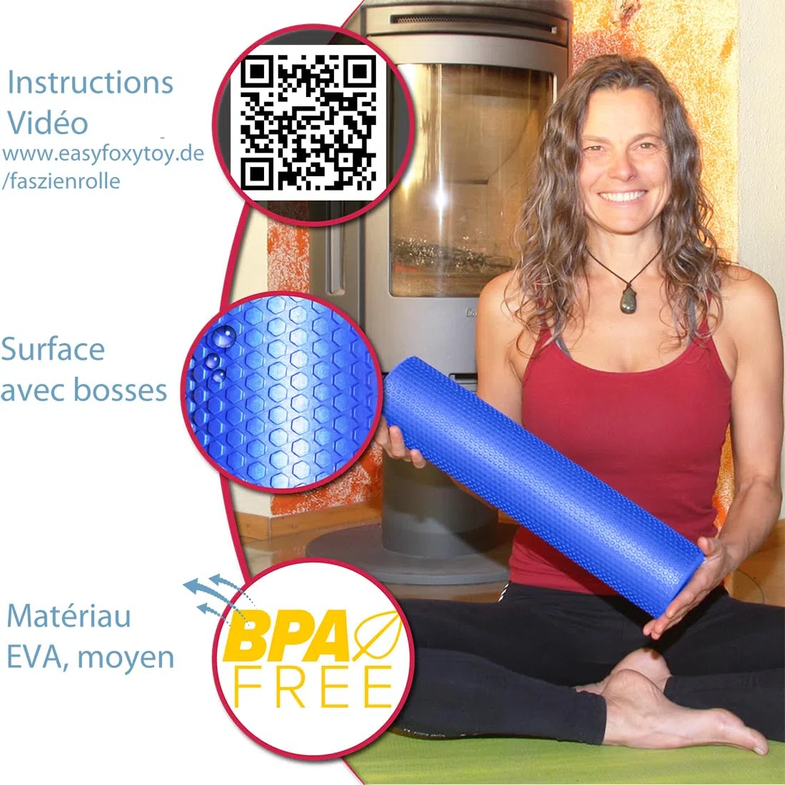Rouleau de fascias moyen pour les secousses de la colonne vertébrale – Redresseur de dos Ø 9,5 cm x 43 cm (bleu océan), yoga Pilates et fascias Roller pour traitement des points de déclenchement