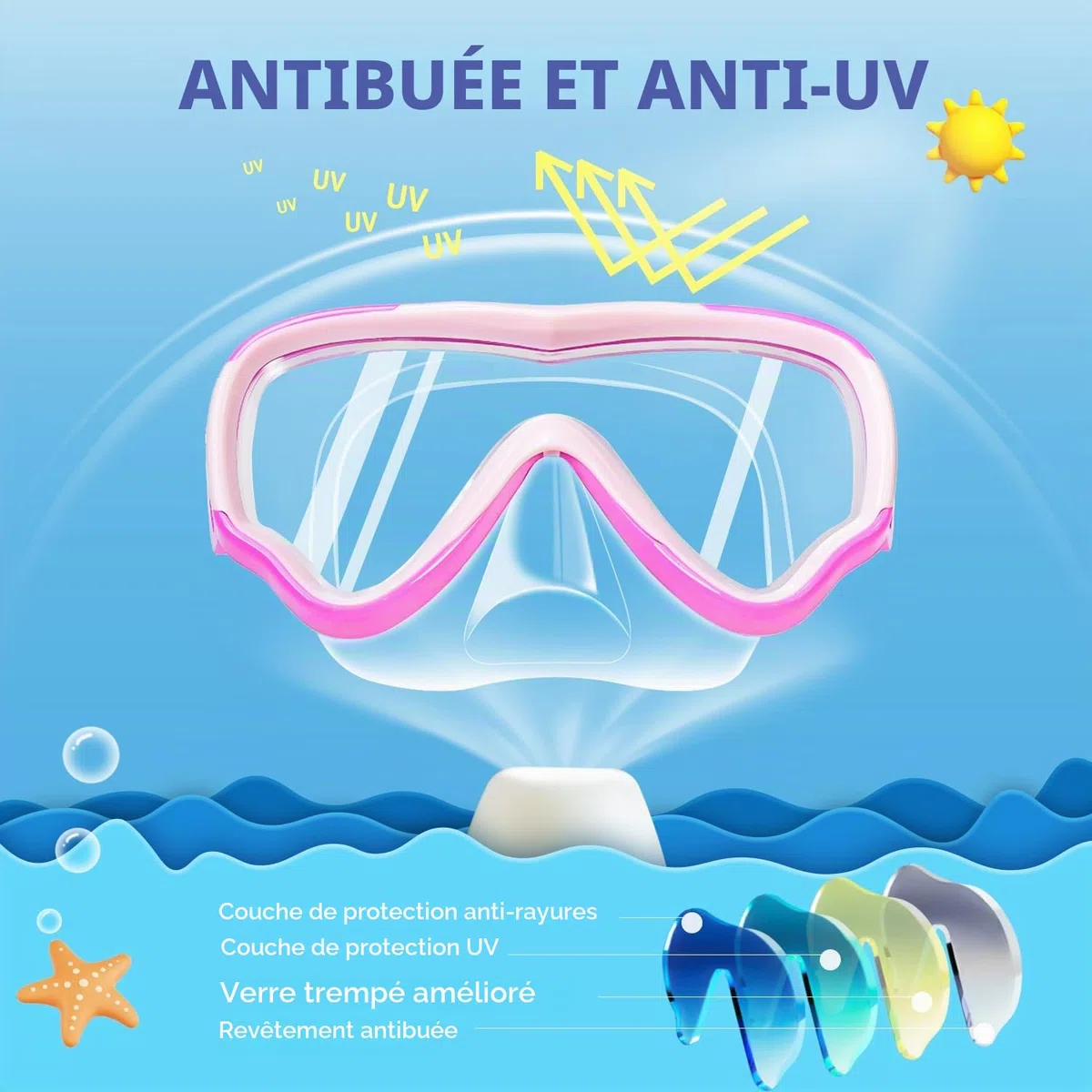 Lunette de Piscine Enfant avec Sangle en Tissu Doux, MOMUSE Masque de Plongée Enfant avec Couvercle de Nez 3D, Lunettes de Natation pour Garçons et Filles de 4 à 14 Ans