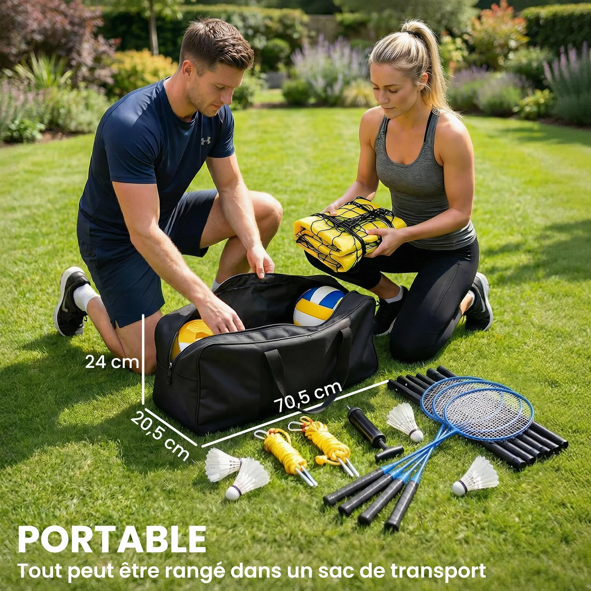 SPORTNOW Ensemble de Volley-Ball et Badminton, Poteaux en Acier Hauteur Réglable, Ballon de Volley-Ball, Filet Badminton Portable, 4 Raquettes, 4 Volants, Sac de Transport, pour Pelouse Plage Jardin