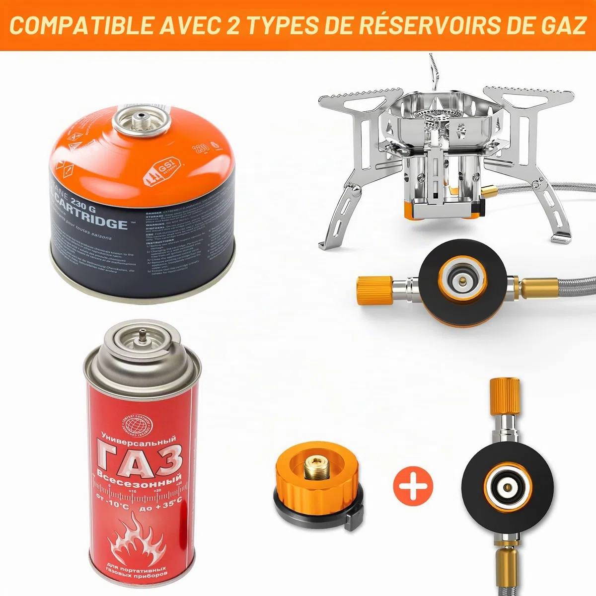 Rechaud Camping Gaz, 5800W Portable Brûleur Camping Pliable avec Bouton d'Allumage, Poids Léger Tête Unique Coupe-vent Puissance de Feu Réglabl, pour Camping/Randonnée/Pique-Nique/Extérieur
