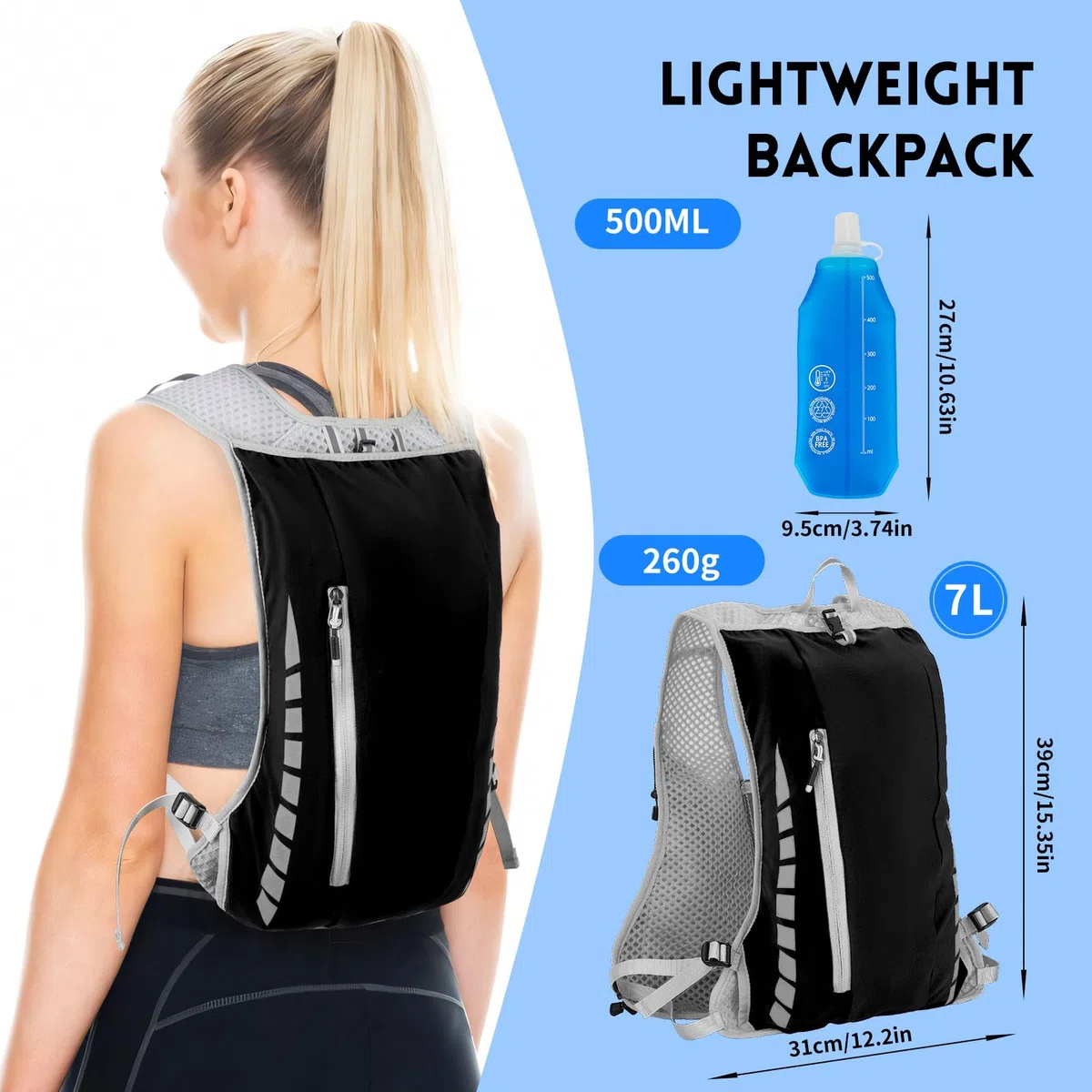Sac à Dos de Course Ultraléger, Gilet Running avec Bouteille d'eau de 500 ML, Sac à Dos d'Hydratation, Réfléchissant Gilet Course a Pied Femme Homme pour Marathon, Cyclisme, Plein Air