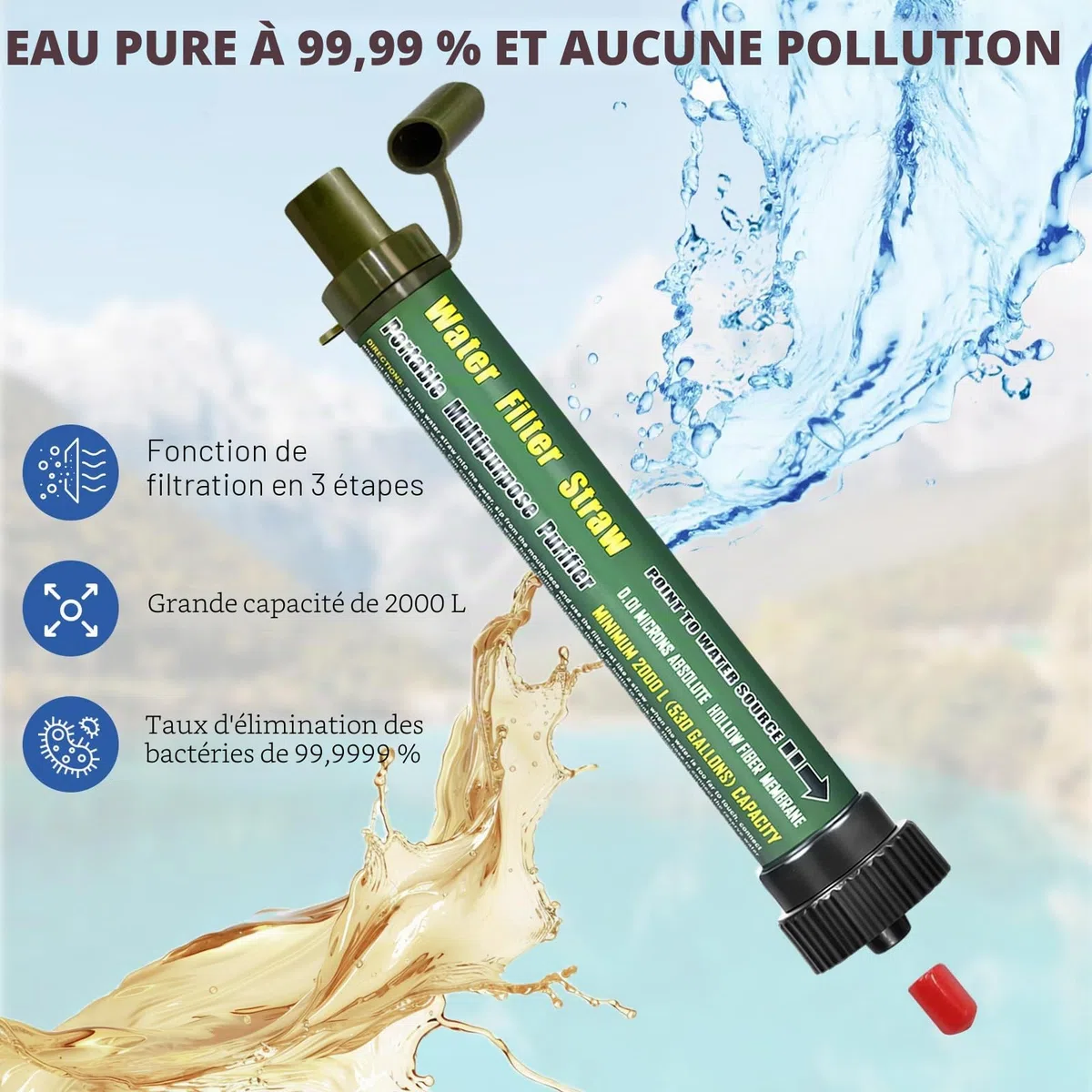 DeFe Filtre Eau Personnel 2000L Système de Filtration d'eau Élimine 99,9% des Bactéries Filtre à 0,01 Microns Paille Eau Potable pour Randonnée Voyage Backpacking Camping Survie…