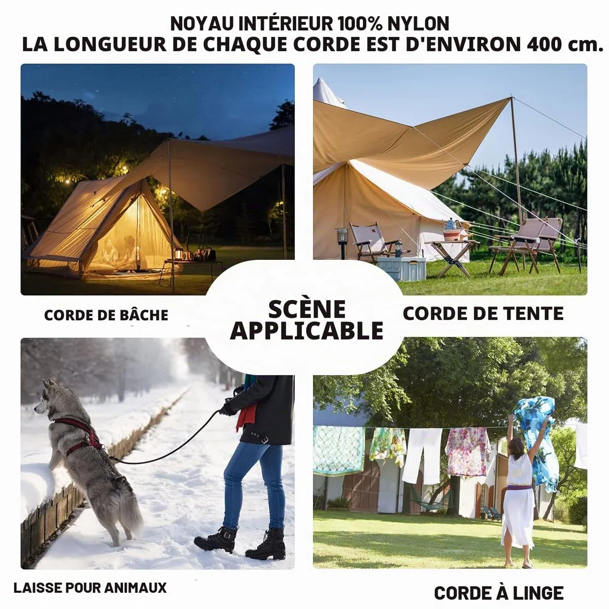Lot de 4 haubans réfléchissants de 4 m - 4 mm - Tendeur léger - Réglable - Pour extérieur, tente, tente, camping, voile d'ombrage - Corde à linge (noir)