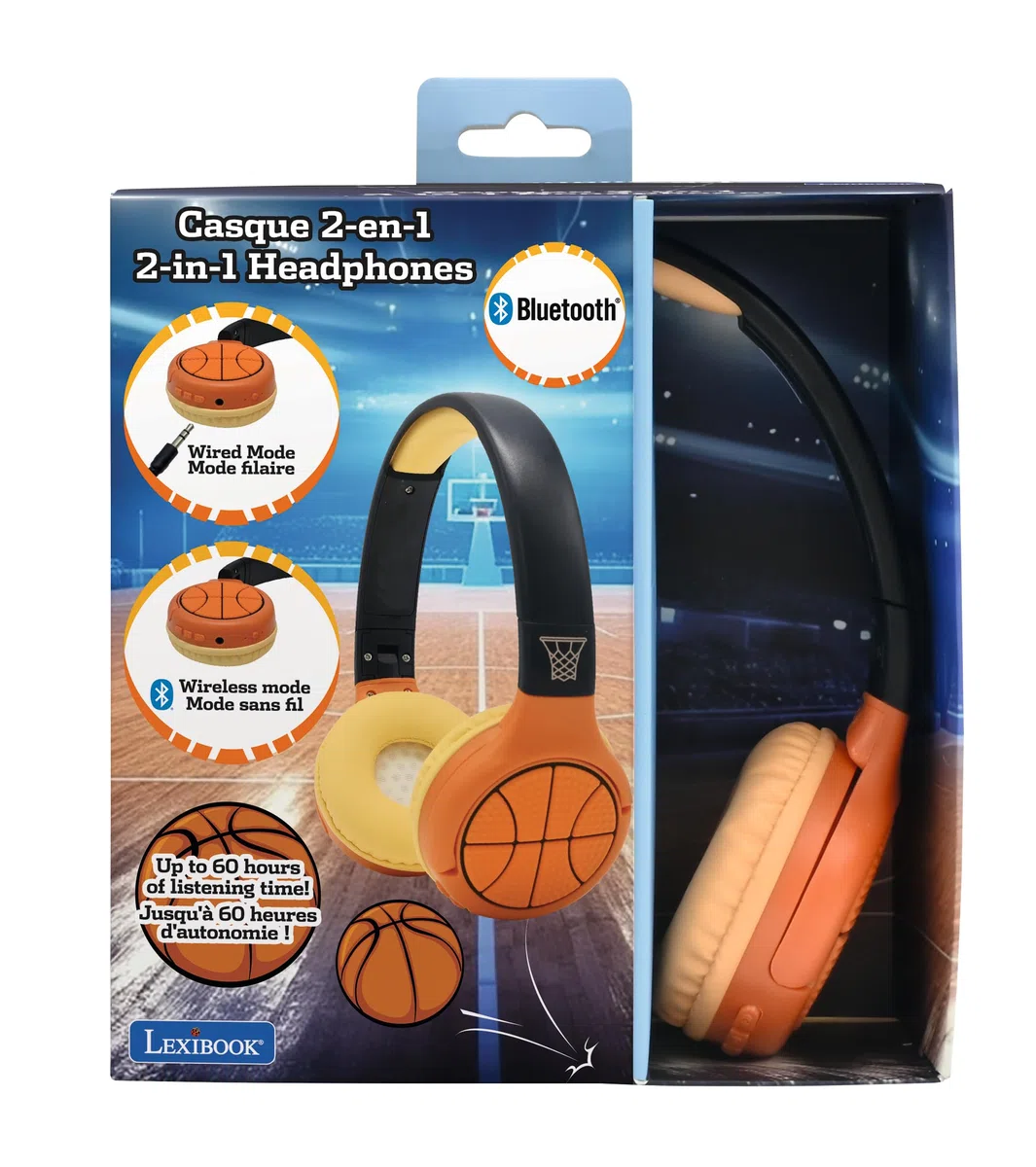 Lexibook - Basketball - Casque Audio 2-en-1 Bluetooth & Filaire avec Micro et Bouton de contrôle, Pliable et Ajustable, Batterie Rechargeable Longue durée - HPBT010BALXB