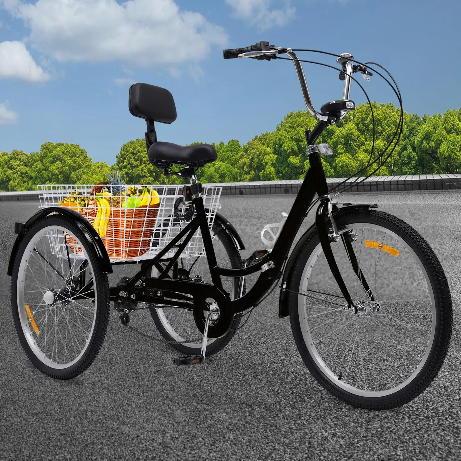 Tricycle pour adulte 24 ", pliable, 3 roues, 7 vitesses, tricycle pour adulte, tricycle pliant avec panier, lampe, dossier arrière et porte-gobelet (noir)