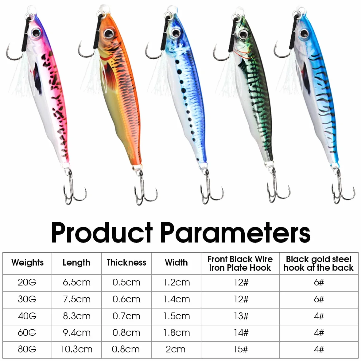 Leurres de Pêche Coulants Imprimés en 3D, WASAGA 5pcs 20g/30g/40g/60g/80g Appâts de Poisson Spinner en Métal Dur pour l'eau Salée et l'eau Douce pour l'Achigan et Le Maquereau et Le leurre Jigging