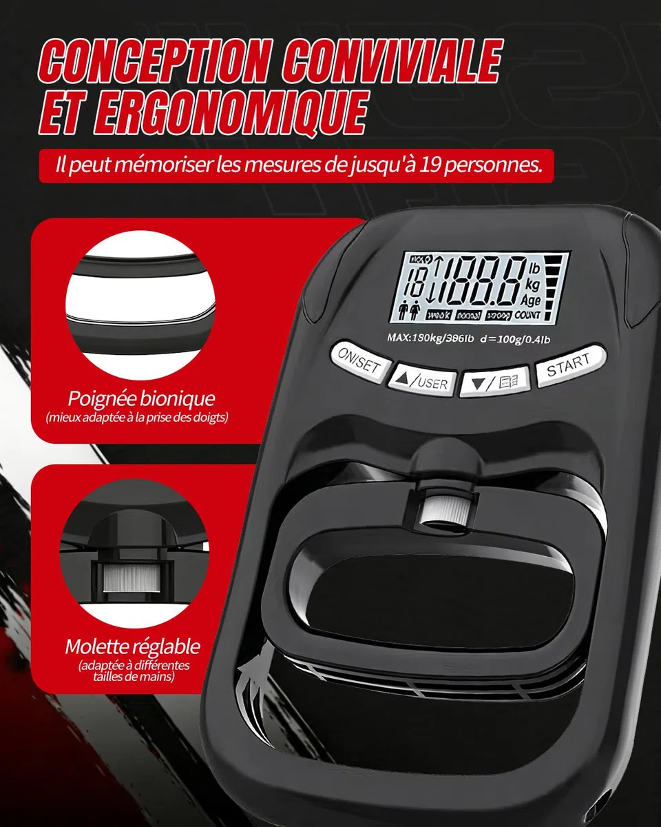 Dynamomètre Main Numérique Rechargeable USB-C, Testeur de Force de Préhension Haute Précision 180 kg, Écran LCD Intelligent, Mémoire 19 Utilisateurs, pour Sport, Rééducation et Santé