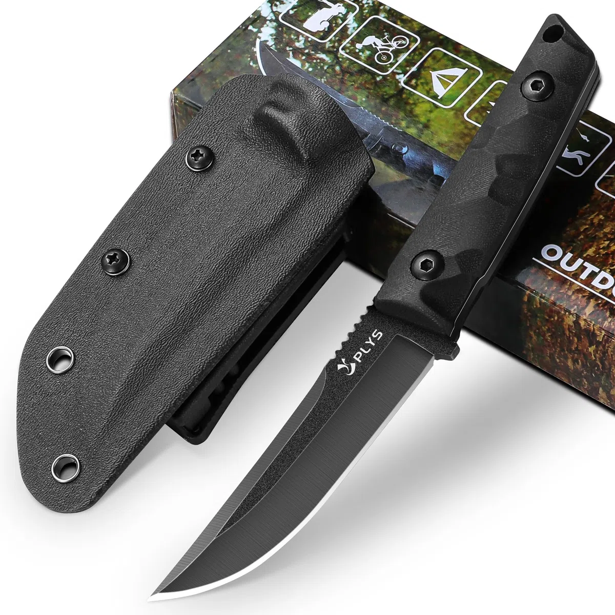 Plys Couteau de Survie D'ExtéRieur Full Tang, Lame 440c de 10,3 Cm, Manche en G10 Avec éTui Kydex, Adapté au Camping, à La RandonnéE, Cadeau Pour Homme