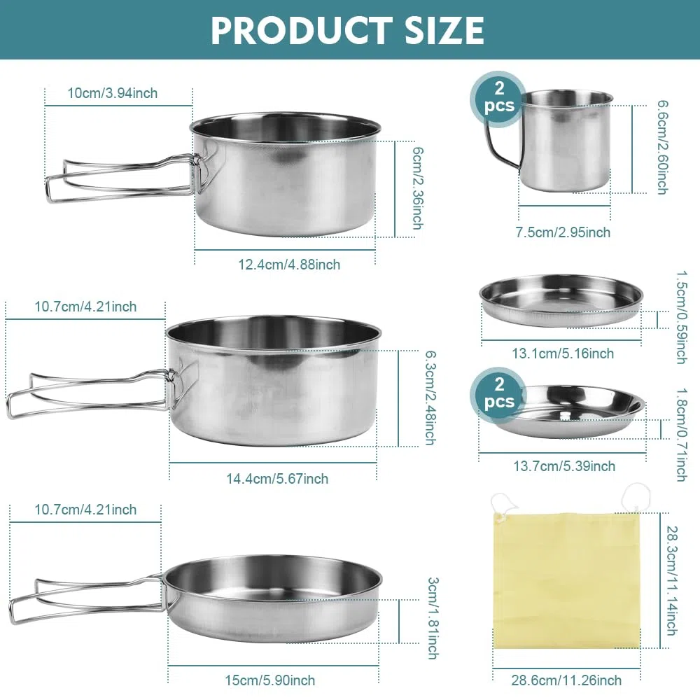 Kleemeiero 8PCS Kit de Casseroles Camping Cuisine de Camping en Acier Inoxydable 410 Vaisselle de Camping Batterie Cuisine Camping Inoxydable Cookware Kit pour Ourdoor Pique-Nique Camping Randonnée