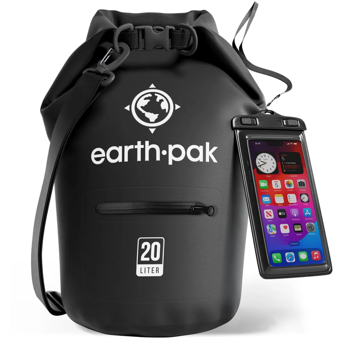 Earth Pak – Wasserdichter Packsack mit Schultergurt und wasserfester Handyhülle – Ideale Rolltop Tasche beim Kajak Fahren, Wandern, Camping, Angeln, Bootfahren und Rafting