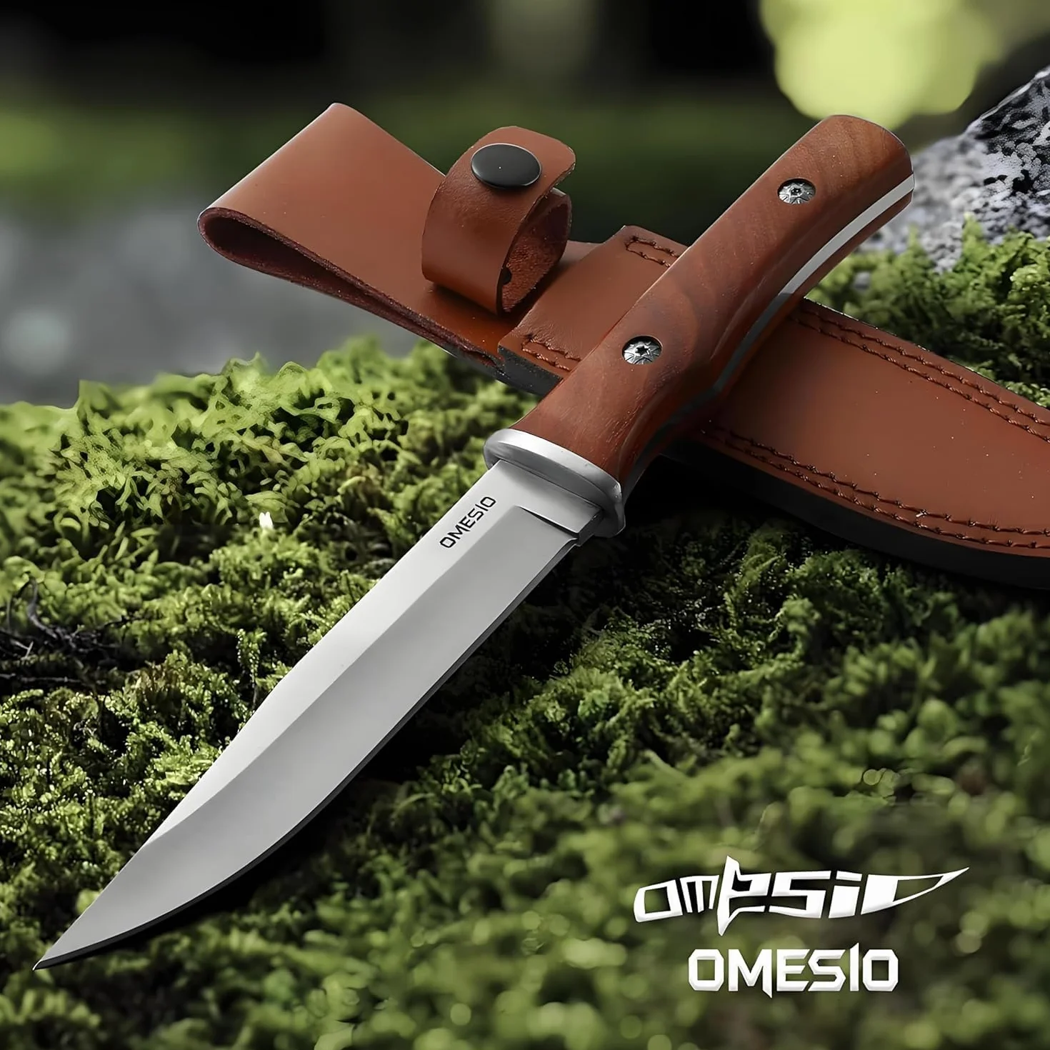 Omesio Couteau Survival Tranchant | Manche en Bois Robuste, Étui en Cuir – Idéal pour Camping Bushcraft, Couteau d’extérieur à lame fixe