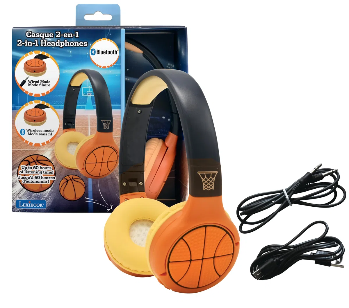 Lexibook - Basketball - Casque Audio 2-en-1 Bluetooth & Filaire avec Micro et Bouton de contrôle, Pliable et Ajustable, Batterie Rechargeable Longue durée - HPBT010BALXB