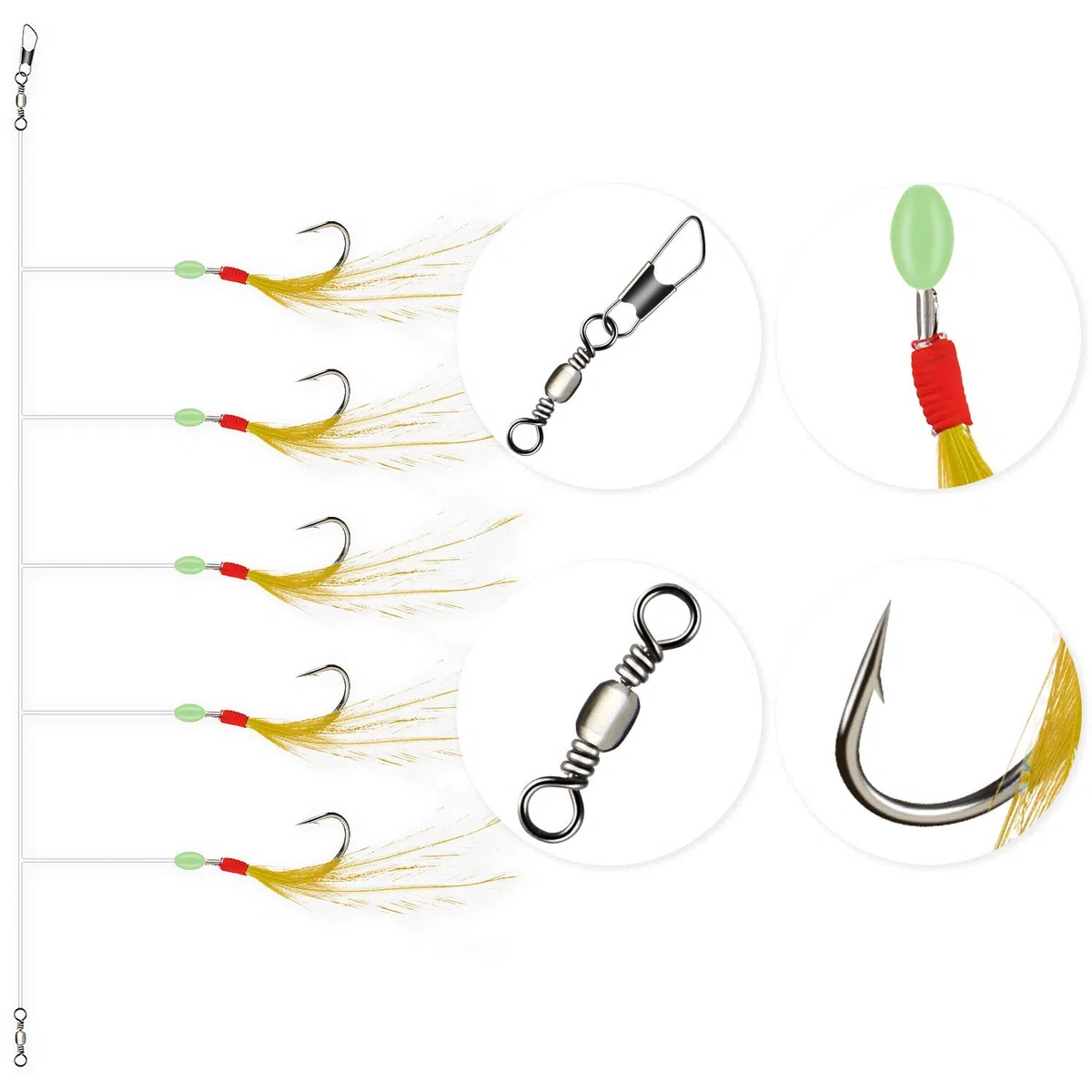 Rodeel Lot de 6 hameçons 5 hameçons de pêche en plumes, A. 6 PCS, 6 Colors, 5 Hooks