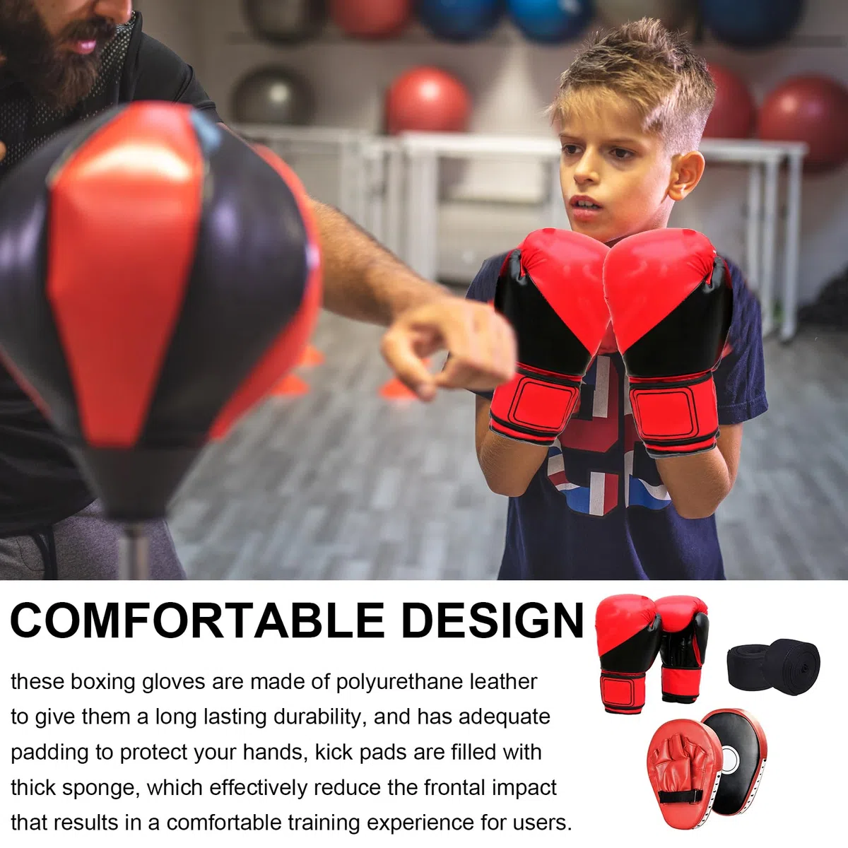 Boxing Training Set, 1 Paire De Gants De Boxe 6 Oz Et 1 Paire De Mitaines pour Muay Thai Boxes Mitaines De Boxe PU Boxpads Mitts Set De Gants De Boxe pour Enfants Equipement De Boxe pour Kickboxing