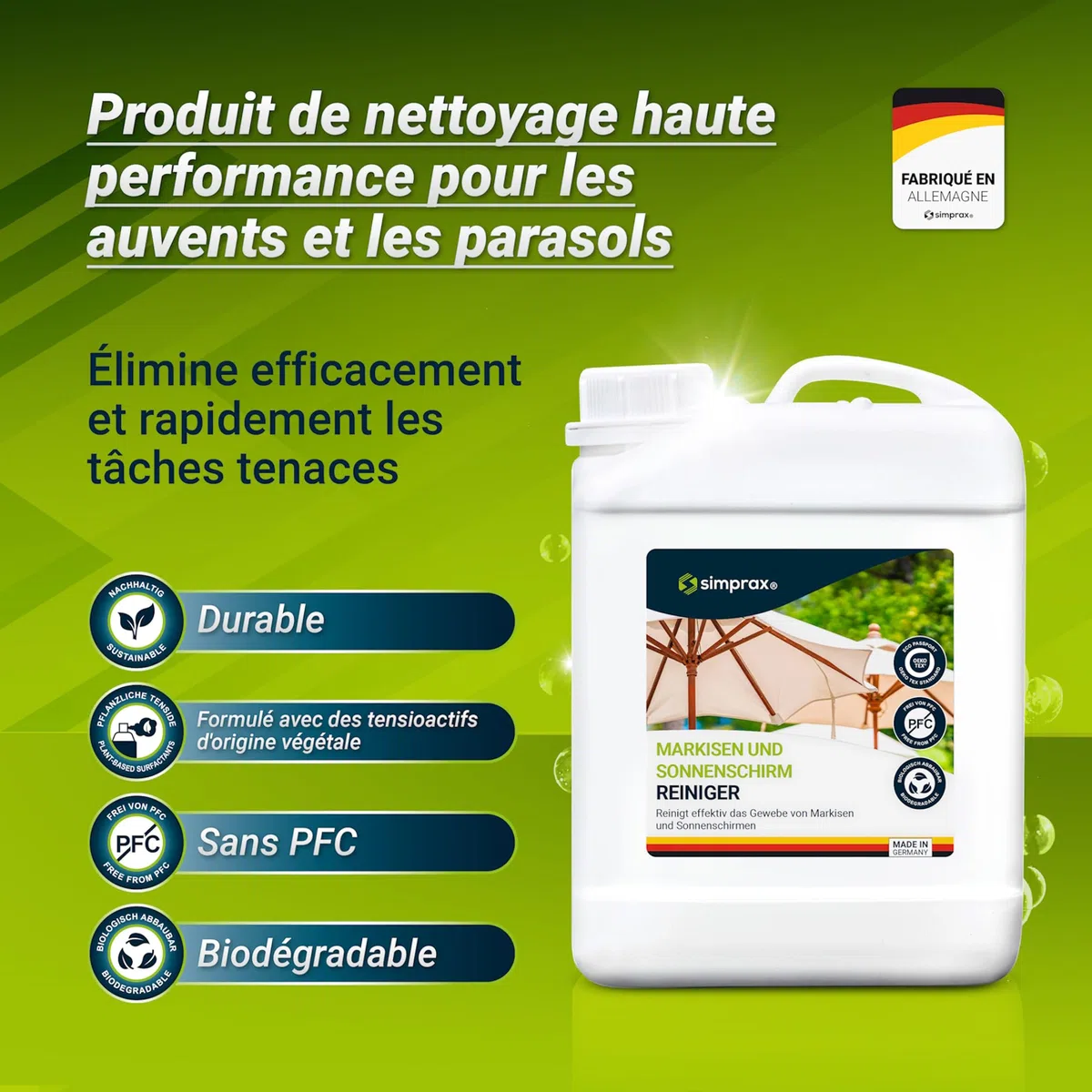 Nettoyant Auvents, Stores & Parasol - sans PFC, Fientes d’Oiseaux & Traces Vertes - Nettoyage Efficace pour Tissus Extérieurs, 2,5 L
