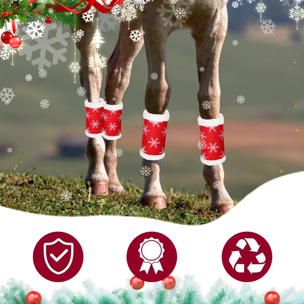4pcs Horse jambe enveloppe de Noël sur le thème de la jambe de cheval rouge sur le thème de Noël enveloppe de la peluche épaisse douce enveloppe pour les chevaux avec du ruban de boucle et de hook