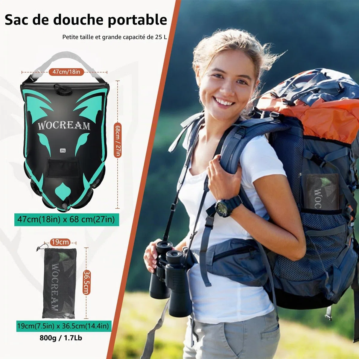 Douche camping en plein air, sac de douche de camping 6,6 gallons/25 L, sac de douche en TPU, grand débit d'eau, douchette à main, douche solaire, douche portable pour camping, plage, sac à dos, bleu