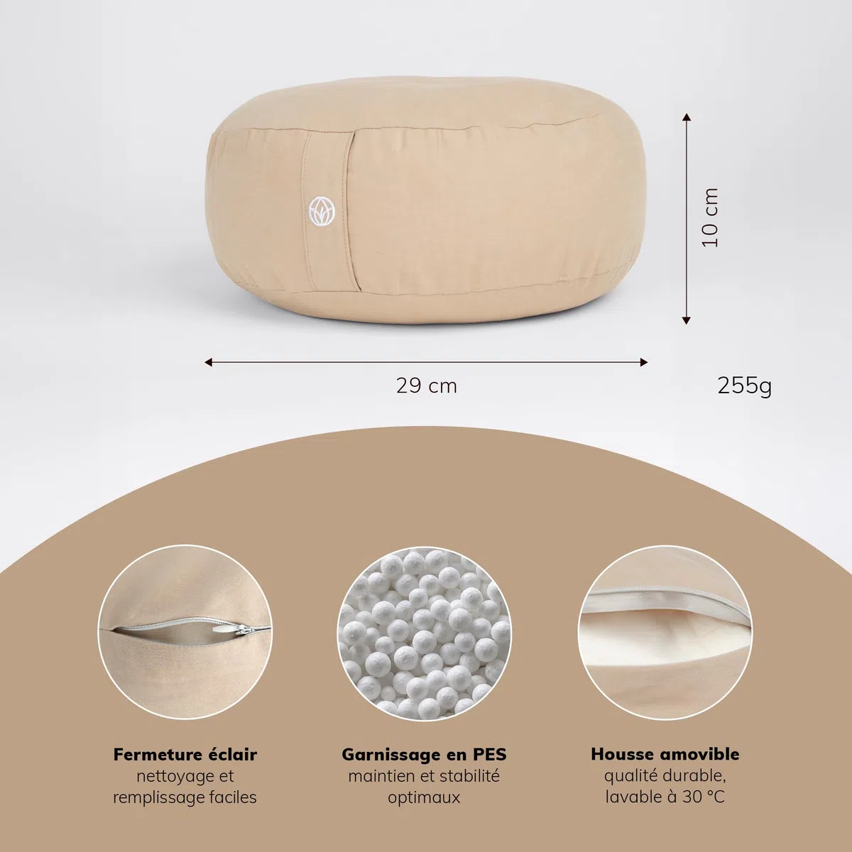MYLILY Coussin de Yoga Méditation – Coussin Yoga Rond Ø 29 cm – 10 cm Plat & 255 g léger – de Sol avec Housse Coton Lavable – Vegan – Beige