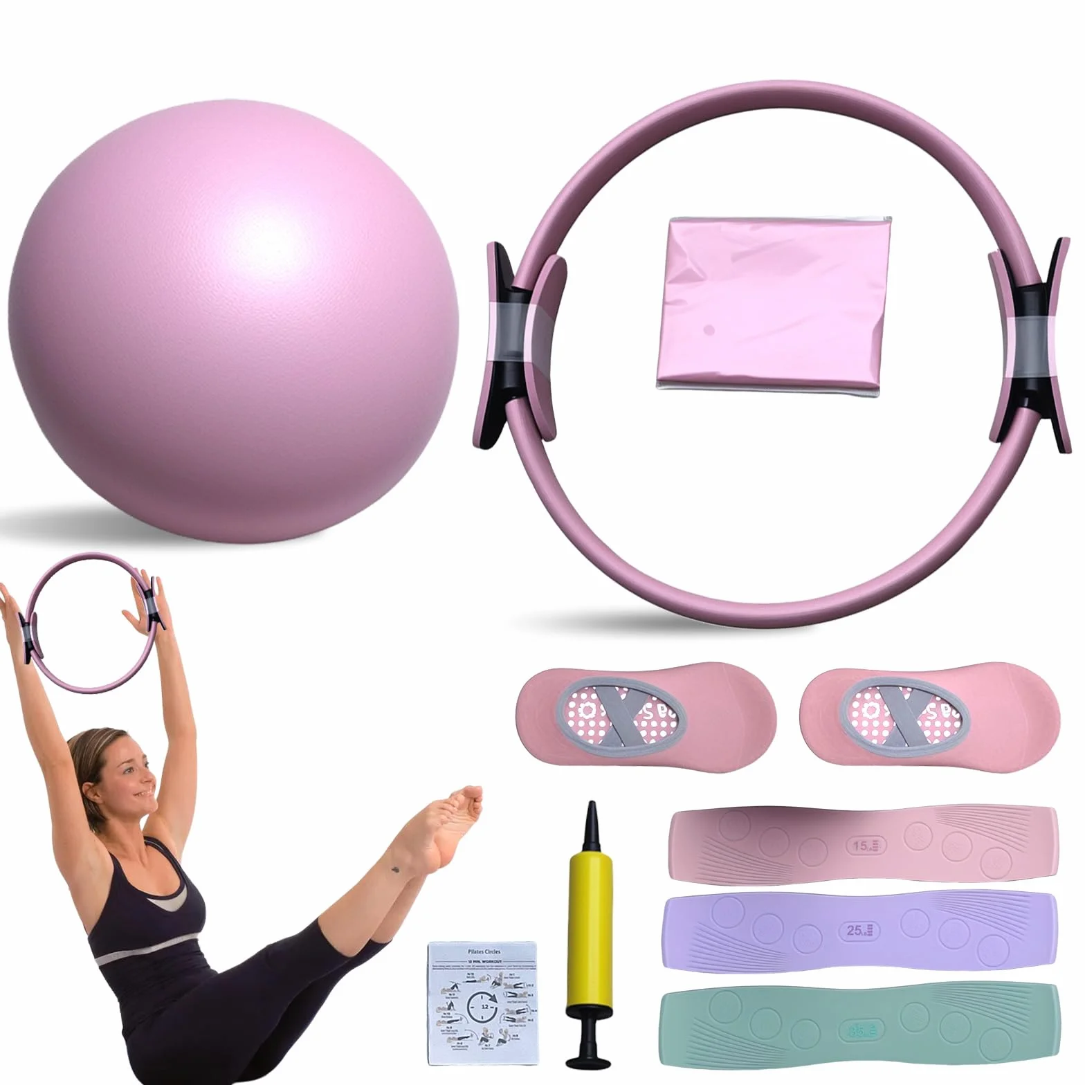 Eznaobo Kit essentiel de Pilates, kit de pilates portable pour femmes, avec anneau de pilates tonifiant, longues bandes de résistance, balle de Pilates douce et chaussettes antidérapantes, équipement