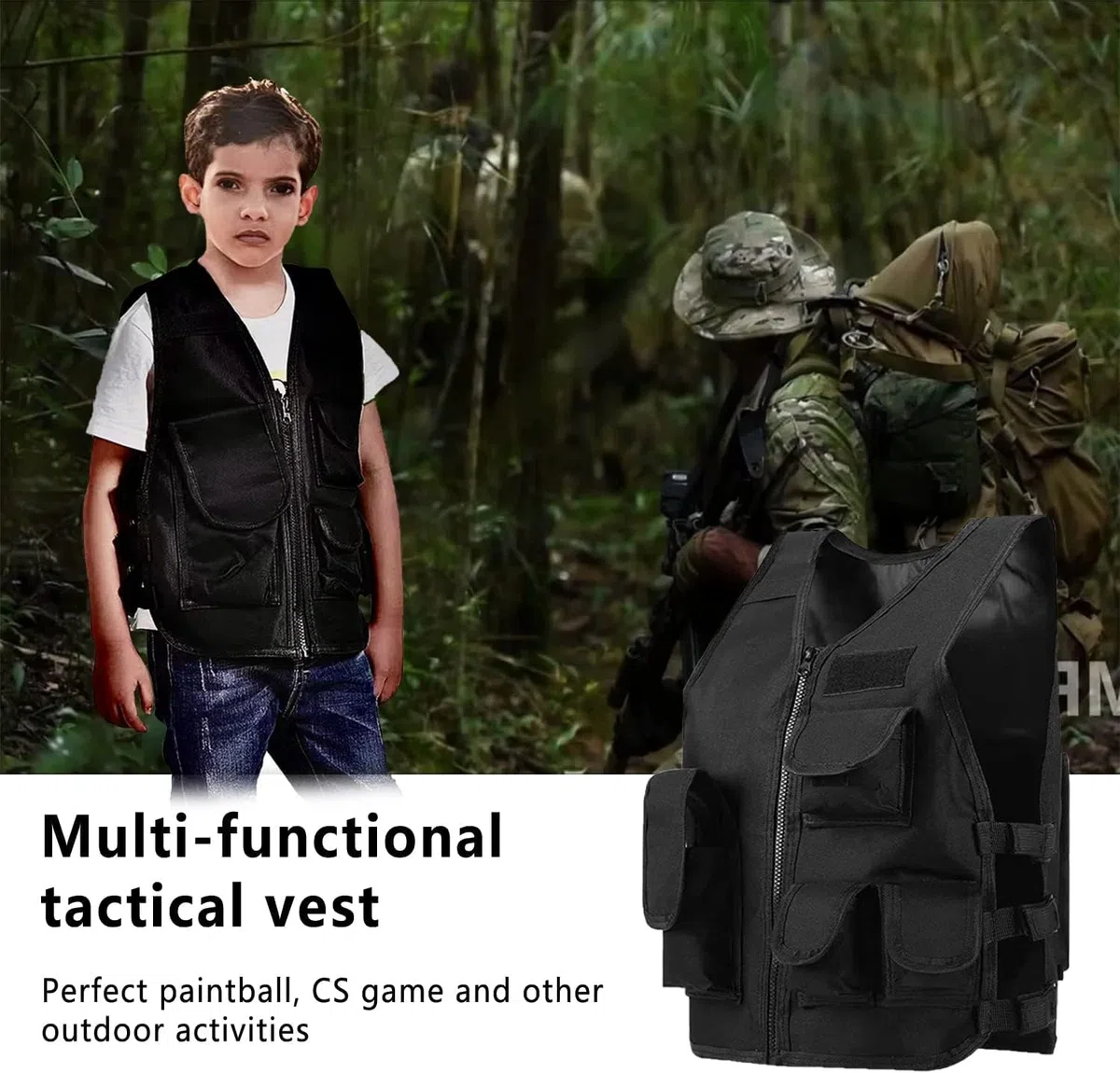 Gilet tactique d'extérieur pour enfants, gilet de combat réglable et respirant avec gants courts pour enfants