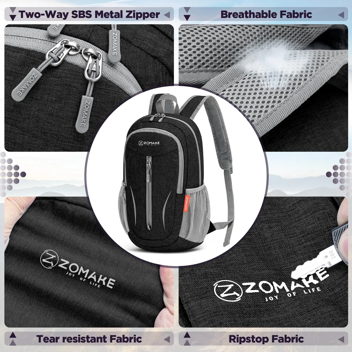 ZOMAKE 10 L Petit Pliable Ultra Léger Sac à Dos pour Randonnée Voyage,Mini Sac a Dos de Jour pour Femme Homme Enfant(Noir)