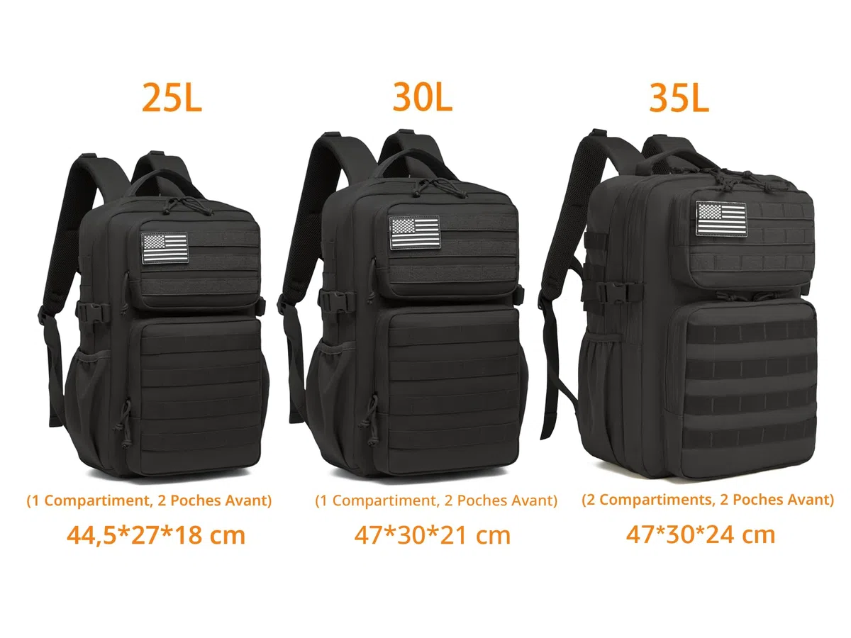 Sac à dos tactique militaire pour homme - Étanche - Sac d'assaut de 3 jours - Sac Molle avec porte-bouteille d'eau, Noir , 25L