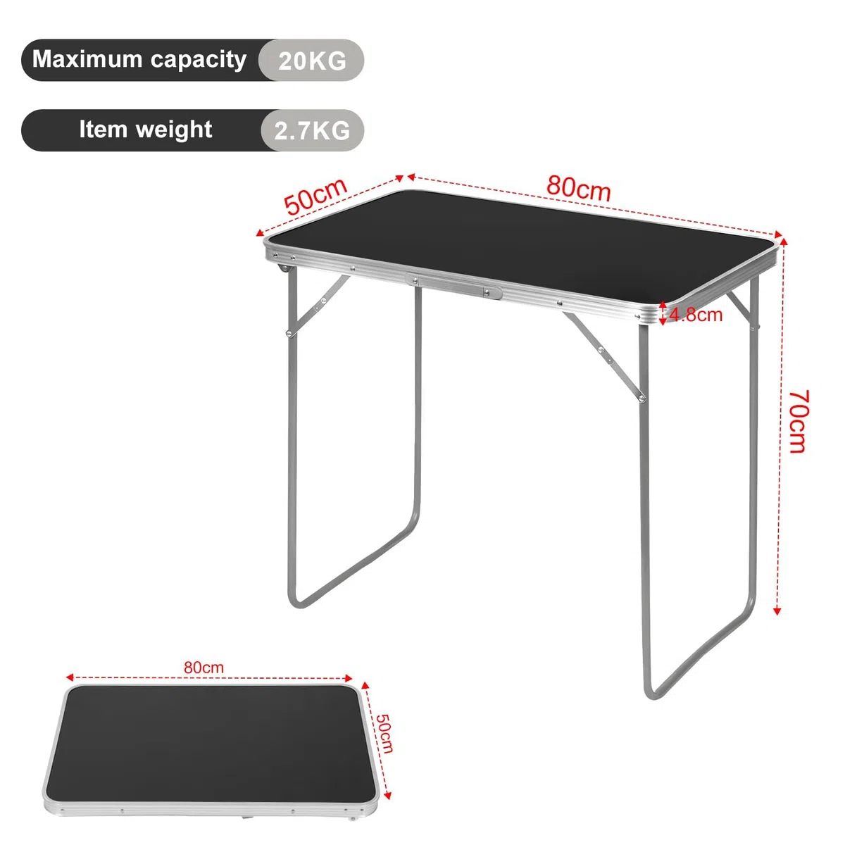 eSituro Table Pliante Camping, Table de Pique Nique avec Poignée, 80x50x70 cm, en Métal et MDF, Noir