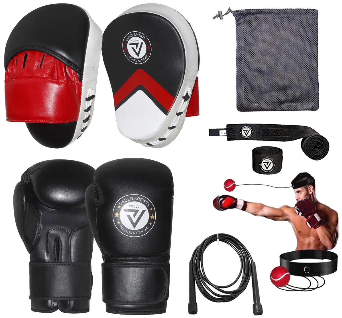 Ensemble de gants de boxe et pattes d'ours avec sac de transport en maille + corde à sauter et balle réflexe