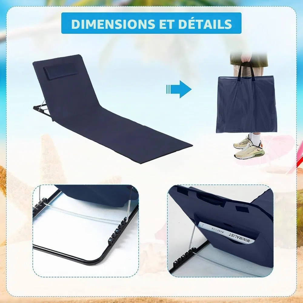Matelas de Plage Pliable avec Dossier Réglable, Natte de Plage avec Dossier avec Sac de Transport, Tapis de Plage avec Dossier Inclinable, Tapis Plage avec Dossier, pour Plage, Jardin, Camping