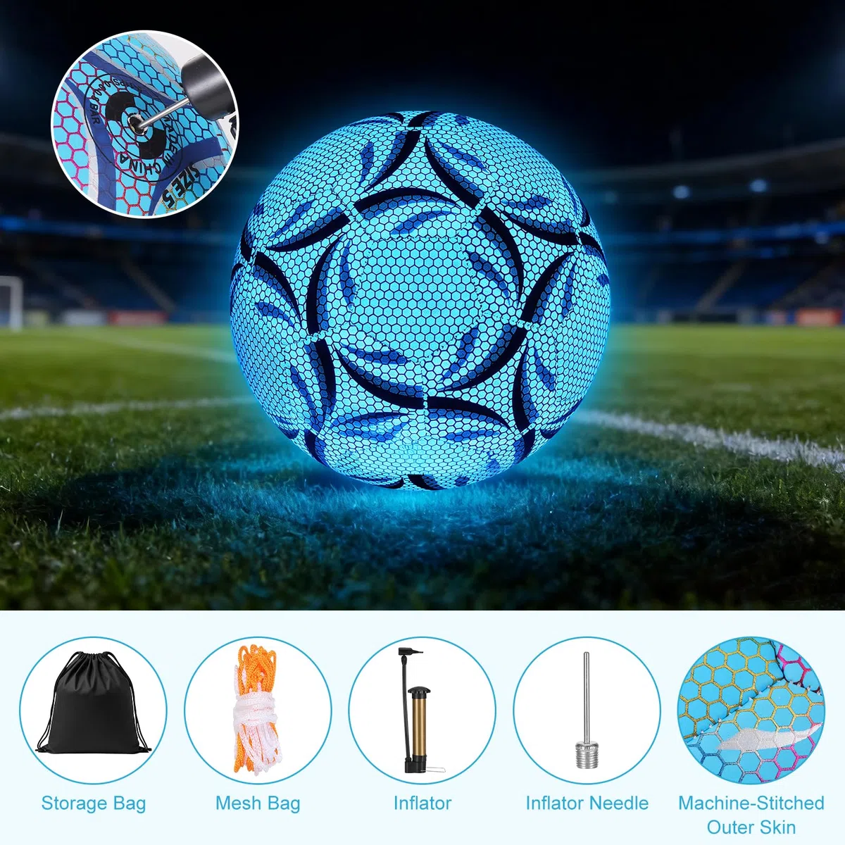 Ballon de Football en Fluorescence, Taille 5 Ballon de Football Lumineux avec Pompe et Sac de Rangement pour Jeux Nocturnes Entraînement, Jeunes et Adulte Ballon de Match de Football(Bleu)