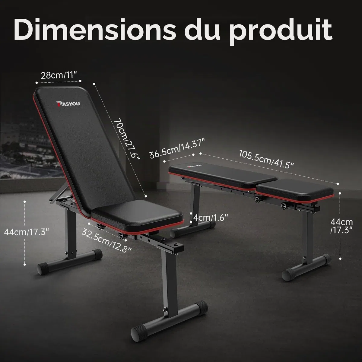 PASYOU Banc Musculation Pliable, Banc Muscu Plat et Inclinable Multi-Niveaux avec 300KG de Capacité de Charge, Réglable Banc de Musculation pour Salle de Sport à Domicile Double Cadre.
