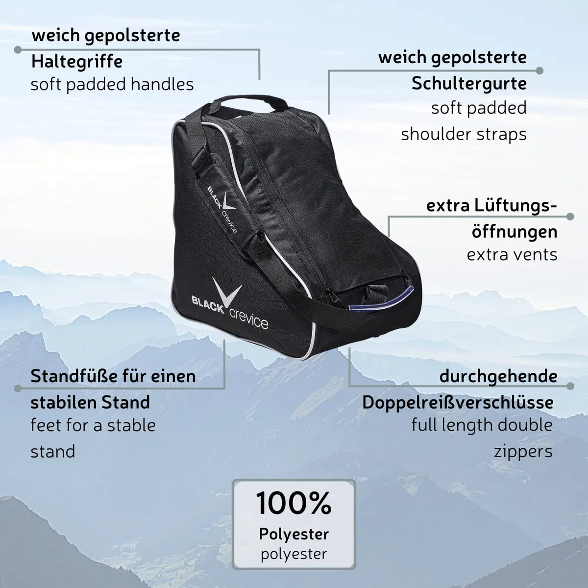 Black Crevice Sac pour Chaussures de Ski de Fond & Accessoires I avec Grande Ouverture & Fermeture éclair I Oeillets d'aération au Fond I 100% Polyester I Dimensions : 40x36x26cm