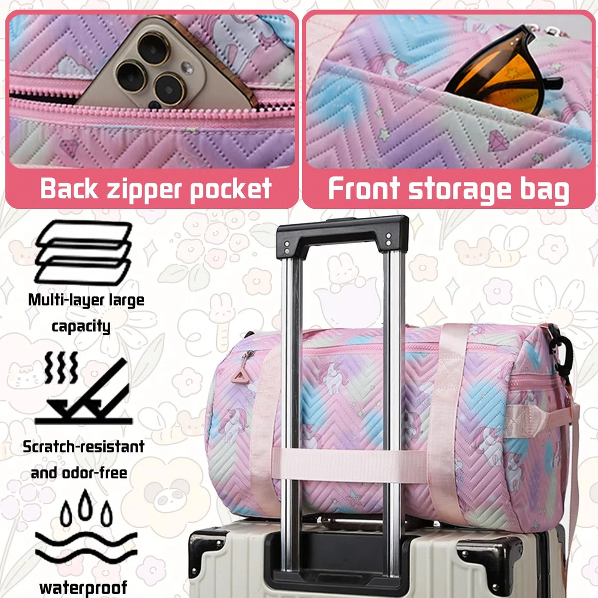 YOUYIKE Sac de Sport Fille, 25L Imperméable Sac de Voyage, Licorne Sac Weekend Enfant, Sac Voyage Cabine Avion, Travel Bag pour Gym Sport avec Compartiment à Chaussures et Poche Humide, Rose